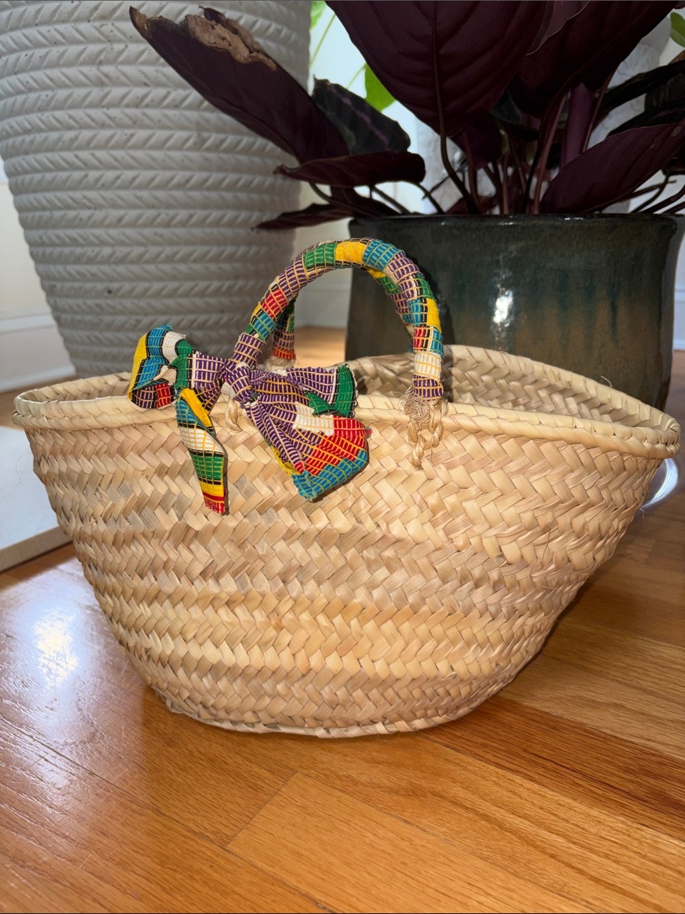 Woven Straw Market Tote with Colorful Wrapped Handles